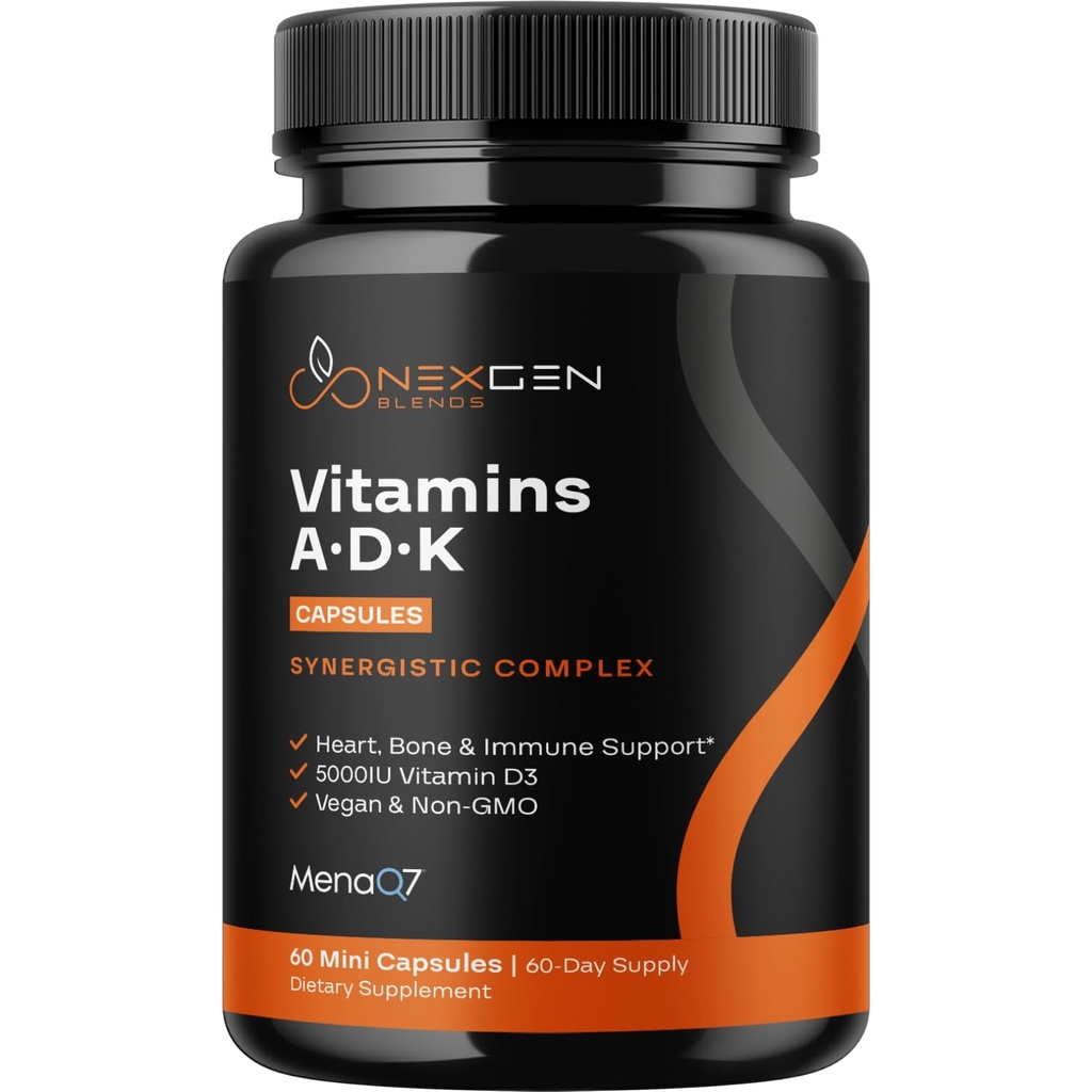 Høj Absorption ADK Vitamin Supplement - Vegan Vitamin D3 K2 MK7 & A til Calcium Regulering Plus Knoglehjerte Thyroid & immunforsvar - Vitamin ADK med 5000IE D3 Non GMO & Gluten Free (2 måneder)