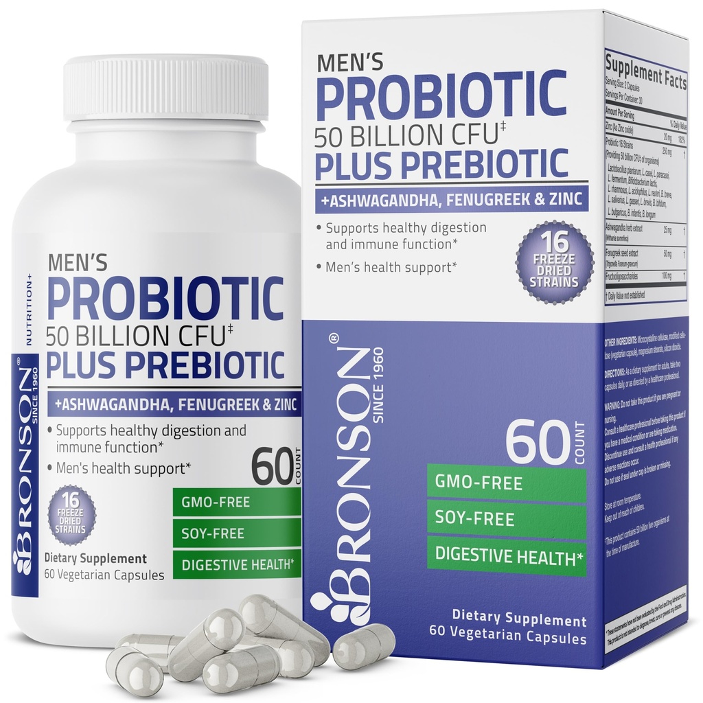 Bronson Mænds Probiotiske 50 Millioner CFU Plus Prebiotic med Ashwagandha, Fenugreek & Zink, Understøtter sund fordøjelse & immunfunktion Non- GMO, 60 Vegetariske kapsler