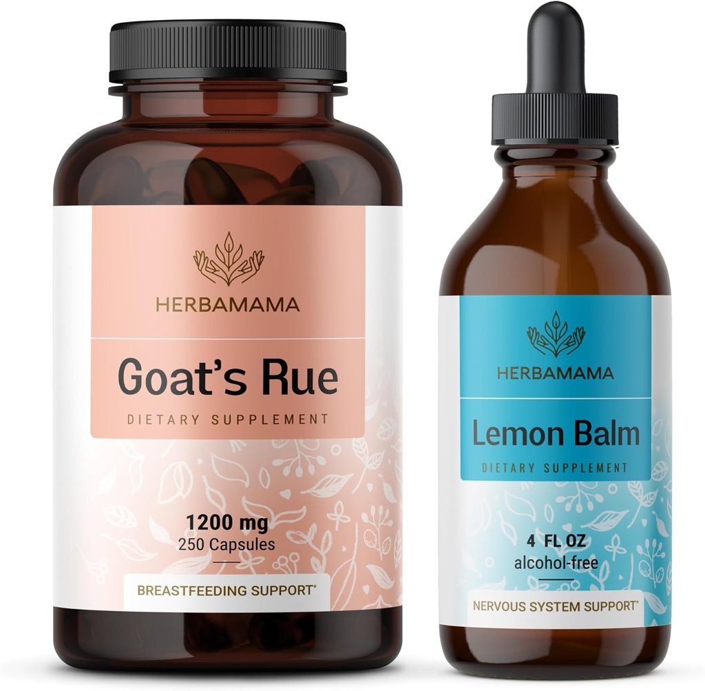 HERBAMAMA Goats Rue og Lemon Balm Kit - Bundle of 1200 mg Goats Rue Capsules & Lemon Balm Liquid Drops 4 fl oz - Vegan, Non- GMO, Sugar & Alcohol- Free - 2 Pack