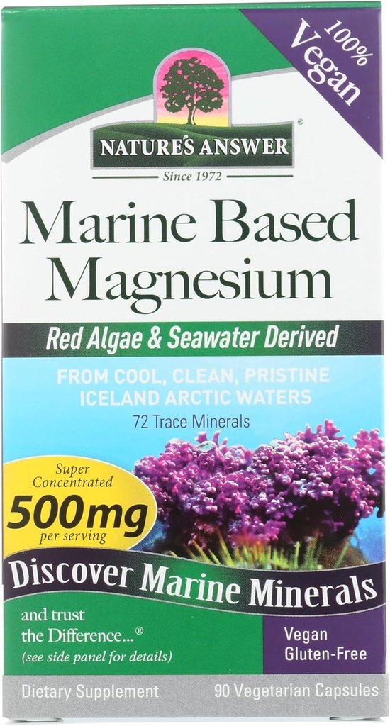 Naturens svar Marine baseret Magnesium, Super koncentreret 500mg • 124; Plant baseret • 124; Rød Alger & Seawater Afledt • 124; Alkohol- Free & Gluten- Free • 124; Vegetariske Kapsler 90ct