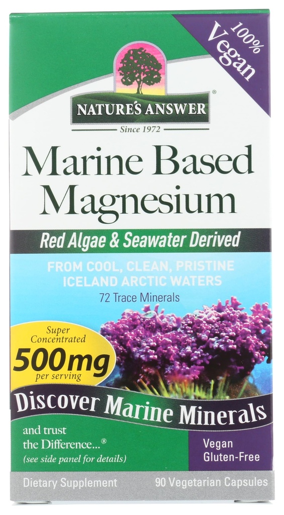 Naturens svar Marine baseret Magnesium, Super koncentreret 500mg • 124; Plant baseret • 124; Rød Alger & Seawater Afledt • 124; Alkohol- Free & Gluten- Free • 124; Vegetariske Kapsler 90ct