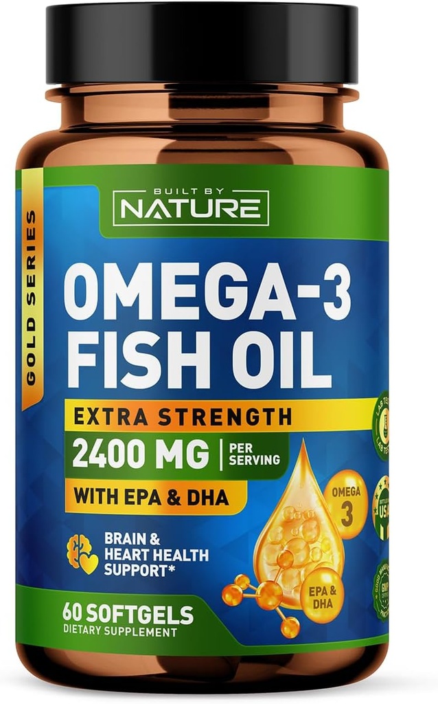 Bygget af Nature Omega 3 Fish Oil Soft Gels - 2400 mg Fish Oil, 1440 mg Omega 3, 864 mg EPA, 576 mg DHA - Ekstra styrke Brain & Heart Health Support - 60 Softgels