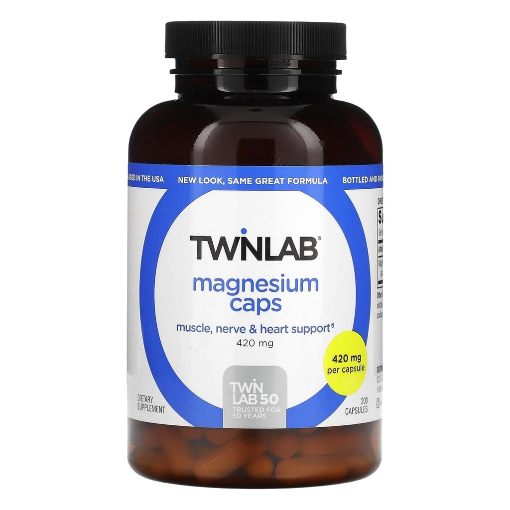 Twinlab Magnesium Caps - Høj Absorption Magnesium supplement til støtte Leg kramper Relief - Magnesium kapsler til stress Relief, 420 mg, 200 Tæl, 1 pakke