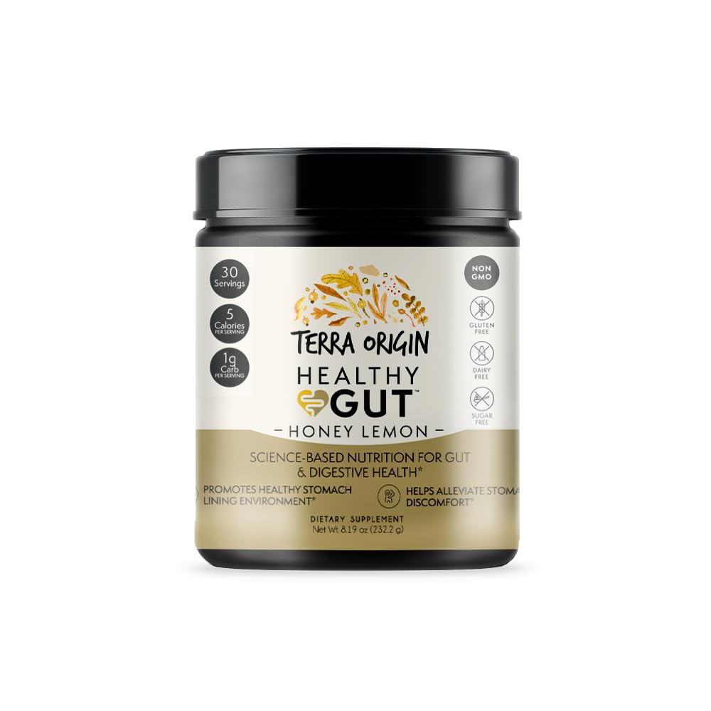 TERRA OPRINDELSE Sund Gut Powder (Honey Lemon) Note 124; 30-Servering med L- Glutamin, Zink, Glucosamin, Slippery Elm Bark og mere!