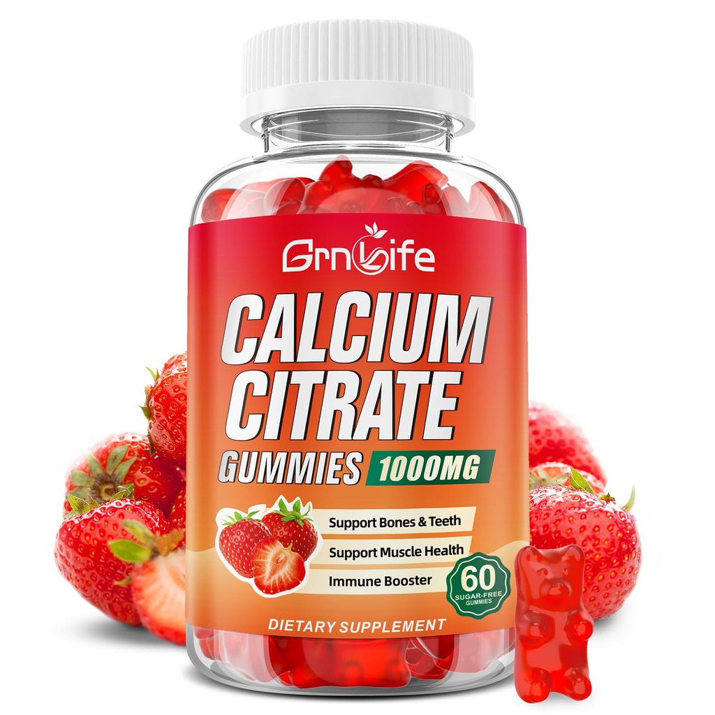 Calcium Citrate Gummies, Sugar Free Calcium Citrate 1000mg for muskler sund, Absorption Calciumtilskud til voksne & børn, Jordbær, 60 Greve