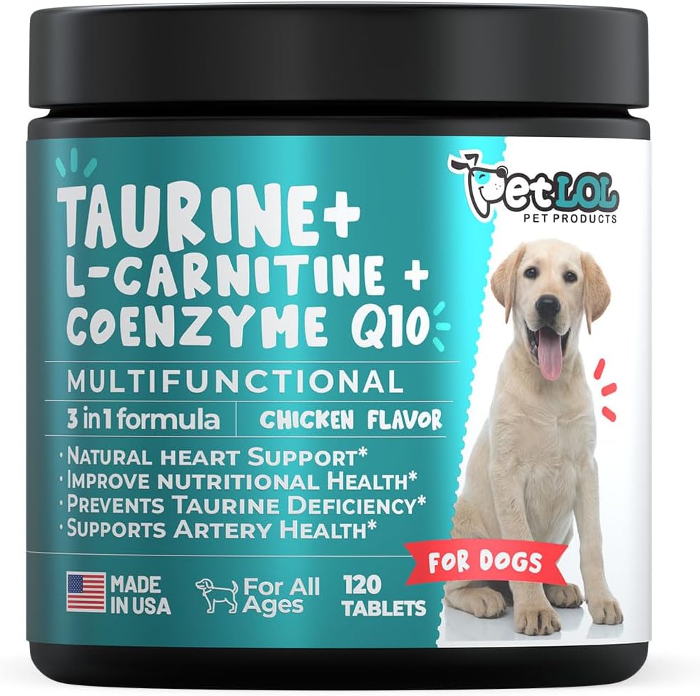 Taurin supplement til hunde med L- Carnitin og Coenzym Q10 (CoQ10): Vet Udtalelse for Forstørret Hjerte (DCM), kongestiv hjerteinsufficiens, Taurine Mangel: 3- in-1 Mester124; Hundetillæg - 120ct