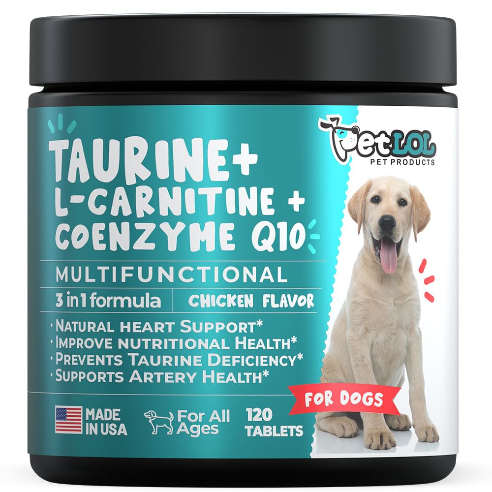 Taurin supplement til hunde med L- Carnitin og Coenzym Q10 (CoQ10): Vet Udtalelse for Forstørret Hjerte (DCM), kongestiv hjerteinsufficiens, Taurine Mangel: 3- in-1 Mester124; Hundetillæg - 120ct