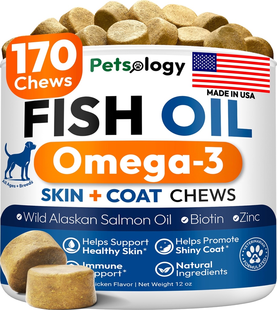Omega 3 Fish Oil for Dogs - 170 Chews - Omega 3 for hunde Itchy Skin & Allergy Relief - Hud & Coat Supplement - EPA & DHA fedtsyrer - Hund Anti Shedding & Hot Spot Treatment - Lakseolie