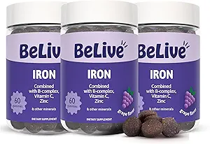 BeLive Iron Gummies - Multivitamin Iron Supplement with Vitamin C, A, B & Zinc, Supports Blood Oxygen, Vegan Supplements for Women, Men & Kids for Growth and Development - Grape Flavor | 3-Pack