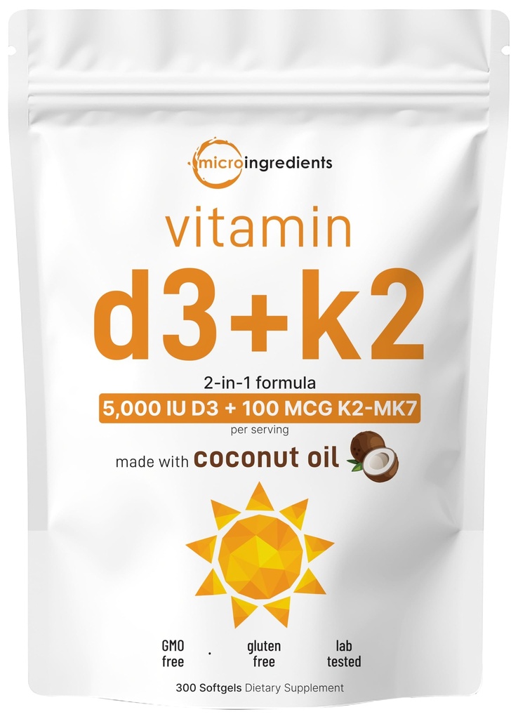 Micro Ingredients Vitamin D3 5000 IE + K2 MK- 7 100 mcg, 300 Softgels against 124; Virgin Kokosolie Removal 124; 2- in-1 Bone, Immun & Heart Support