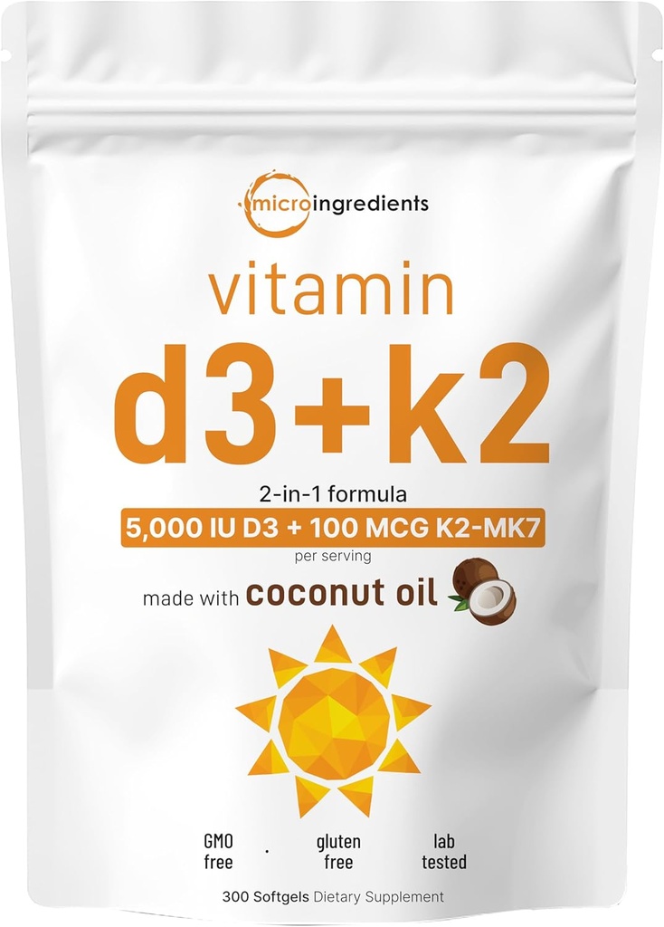 Micro Ingredients Vitamin D3 5000 IE + K2 MK- 7 100 mcg, 300 Softgels against 124; Virgin Kokosolie Removal 124; 2- in-1 Bone, Immun & Heart Support