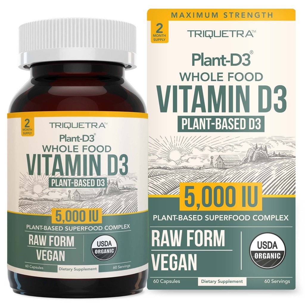 Organic Vitamin D3 5000 IE - 100% Hel Mad & Plant- Based Cholecalciferol Form, 100% Vegan Vitamin D - Forbedret med Prebiotic & Superfood Complex - Organic, Vegan, GMO & Gluten Free (60 kapsler)
