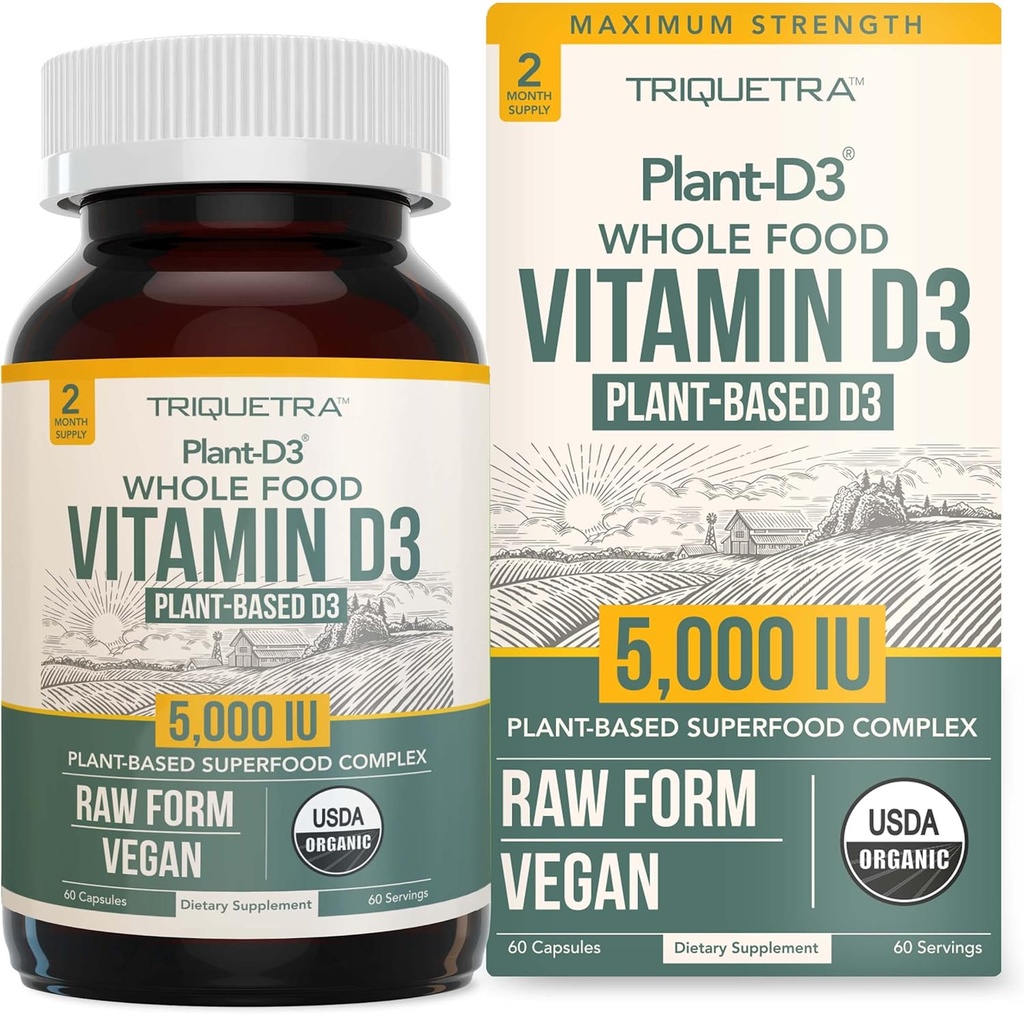 Organic Vitamin D3 5000 IE - 100% Hel Mad & Plant- Based Cholecalciferol Form, 100% Vegan Vitamin D - Forbedret med Prebiotic & Superfood Complex - Organic, Vegan, GMO & Gluten Free (60 kapsler)