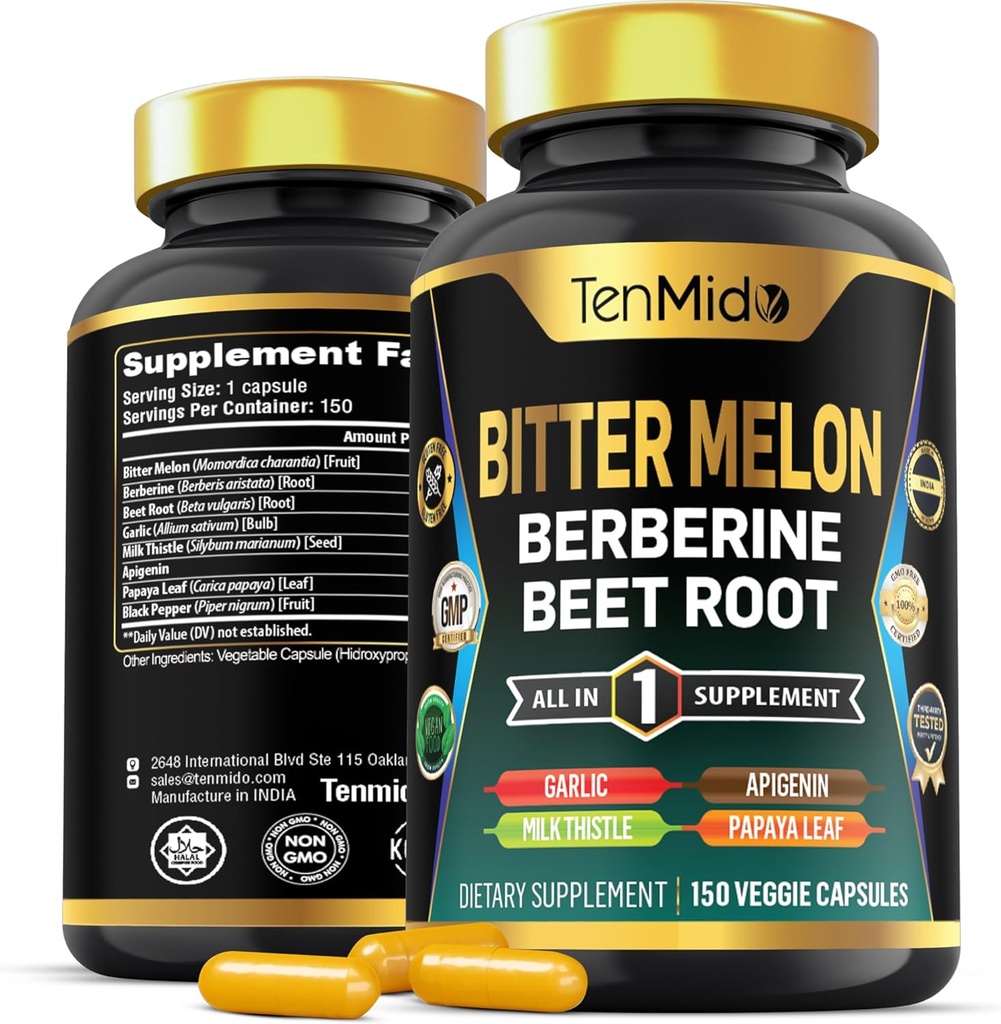 Bitter Melon Capsules - 8in1 Formula - Combine with Berberine, Beet Root, Garlic, Milk Thistle, Apigenin, Papaya Leaf, and Black Pepper - 150 Vegan Capsules for 5 Months Supply