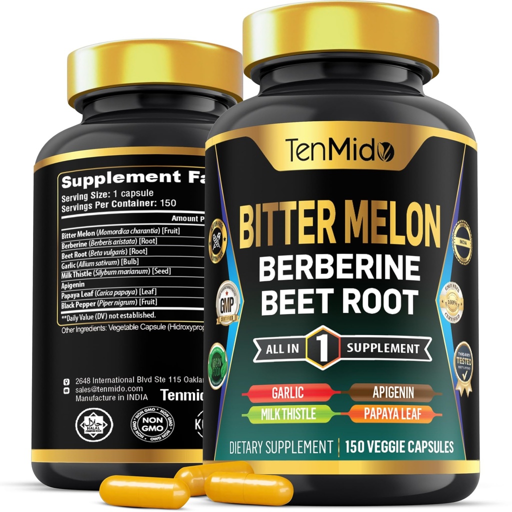 Bitter Melon kapsler - 8in1 Formel - Kombiner med Berberine, Beet Root, Hvidløg, Mælk tidsel, Apigenin, Papaya Leaf, og Black Pepper - 150 Vegan kapsler til 5 Måneders forsyning