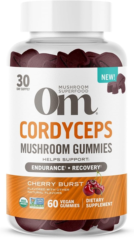 OM MUSHROOM SUPERFOD Cordyceps Gummies, USA Grown Organic Mushrooms, Supports, Endurance, Energy, & Recovery, 60 Greve, 30 Servicer Mumie Kosttilskud