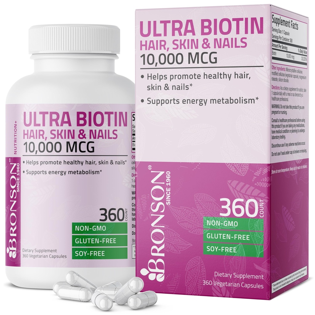 Bronson Ultra Biotin 10.000 Mcg Hår Hud og negle supplement, non-GMO, 360 Vegetar Capsule