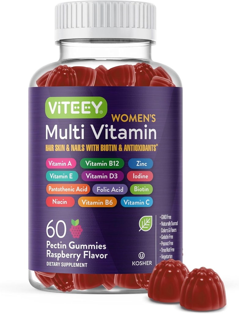 Viteey Dame Multivitamin Gummies - immunforsvar - 12 i 1 essentielle vitaminer og mineraler - vitamin A, C, D3, E, B6, B12, folinsyre, biotin, calcium, zink & mere - Vegetar - Hindbær smag