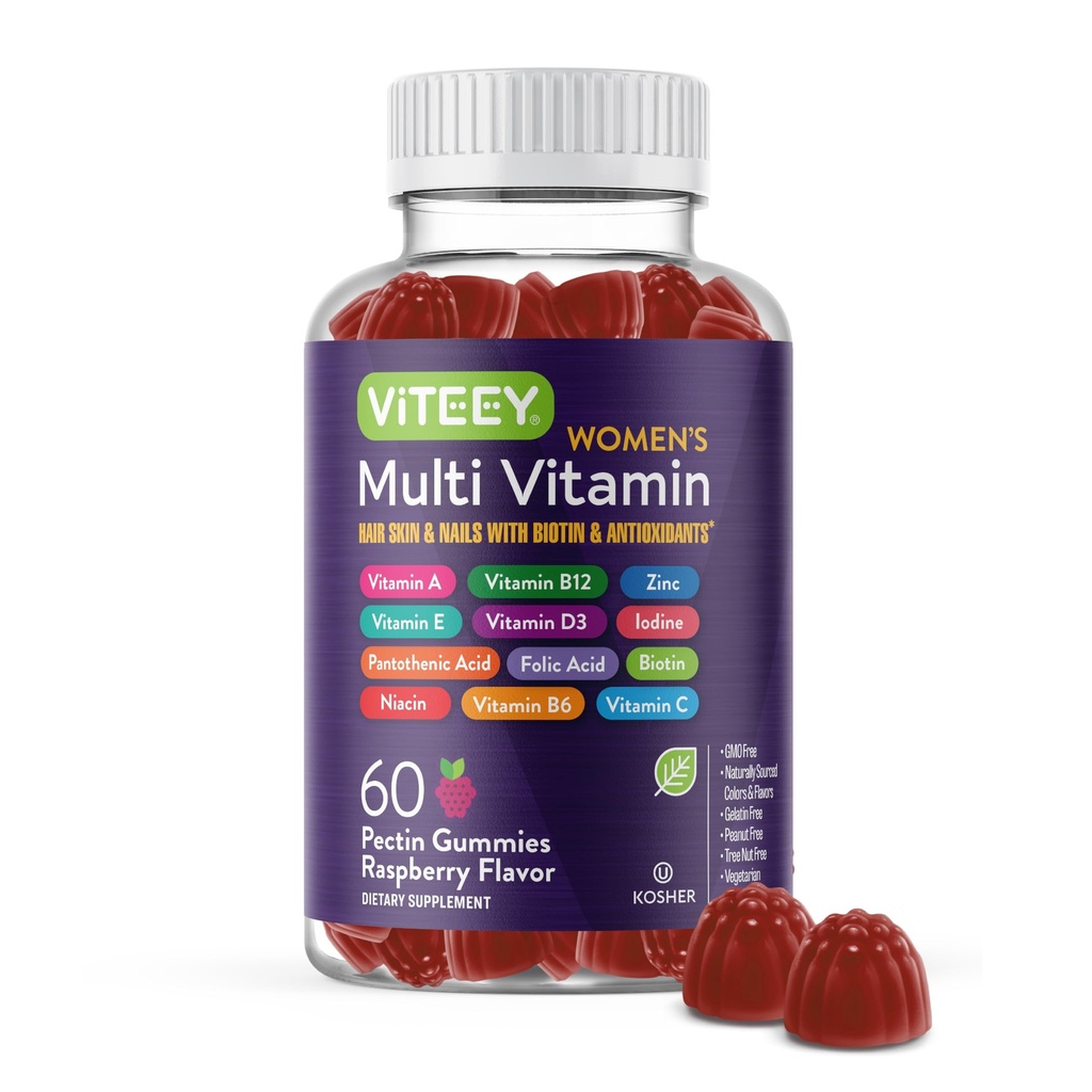 Viteey Dame Multivitamin Gummies - immunforsvar - 12 i 1 essentielle vitaminer og mineraler - vitamin A, C, D3, E, B6, B12, folinsyre, biotin, calcium, zink & mere - Vegetar - Hindbær smag
