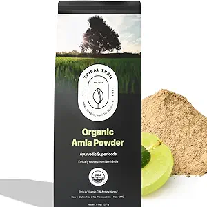 Organic Amla Powder (Indisk Gooseberry) Yep 124; 8.01 oz Yep 124; USDA Organic & Non- GMO Yep 124; Raw from India Yep 124; Sund Hår & Skin Yep 124; Recyclable Kraft Tasker