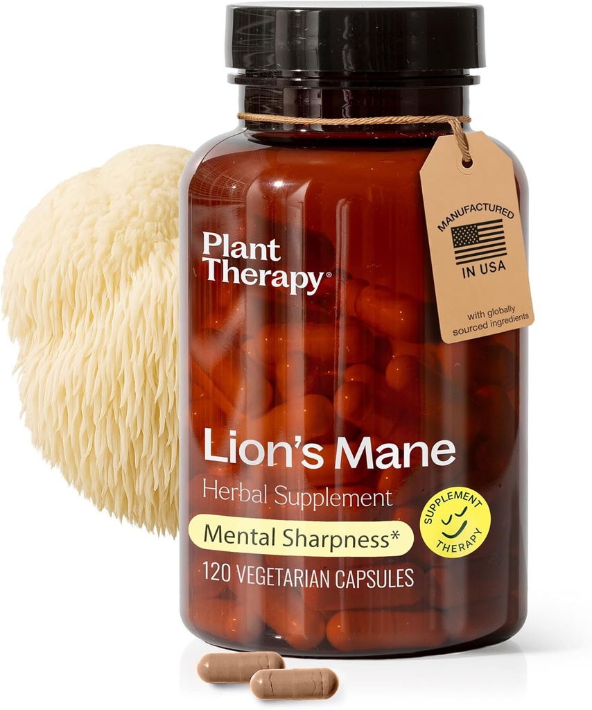 Plant terapi Lions Mane Mushroom supplement kapsler fremstillet i USA 4 måneder Supply Support Brain Health, Mental Clarity & Hukommelse Kosttilskud til kvinder & mænd 120 Vegetarisk Capsule