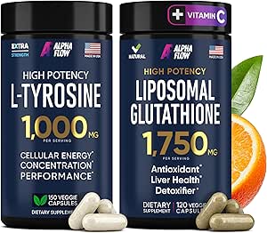 (Bundle) L Tyrosine 1000mg & Liposomal Glutathione 1750mg - All- Natural Focus, Energy, and Liver Support - Non-GMO, Gluten- Free, Vegan - 270 Kapsler i alt