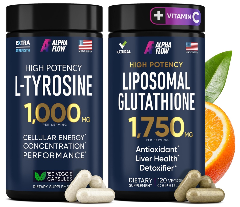 (Bundle) L Tyrosine 1000mg & Liposomal Glutathione 1750mg - All- Natural Focus, Energy, and Liver Support - Non-GMO, Gluten- Free, Vegan - 270 Kapsler i alt