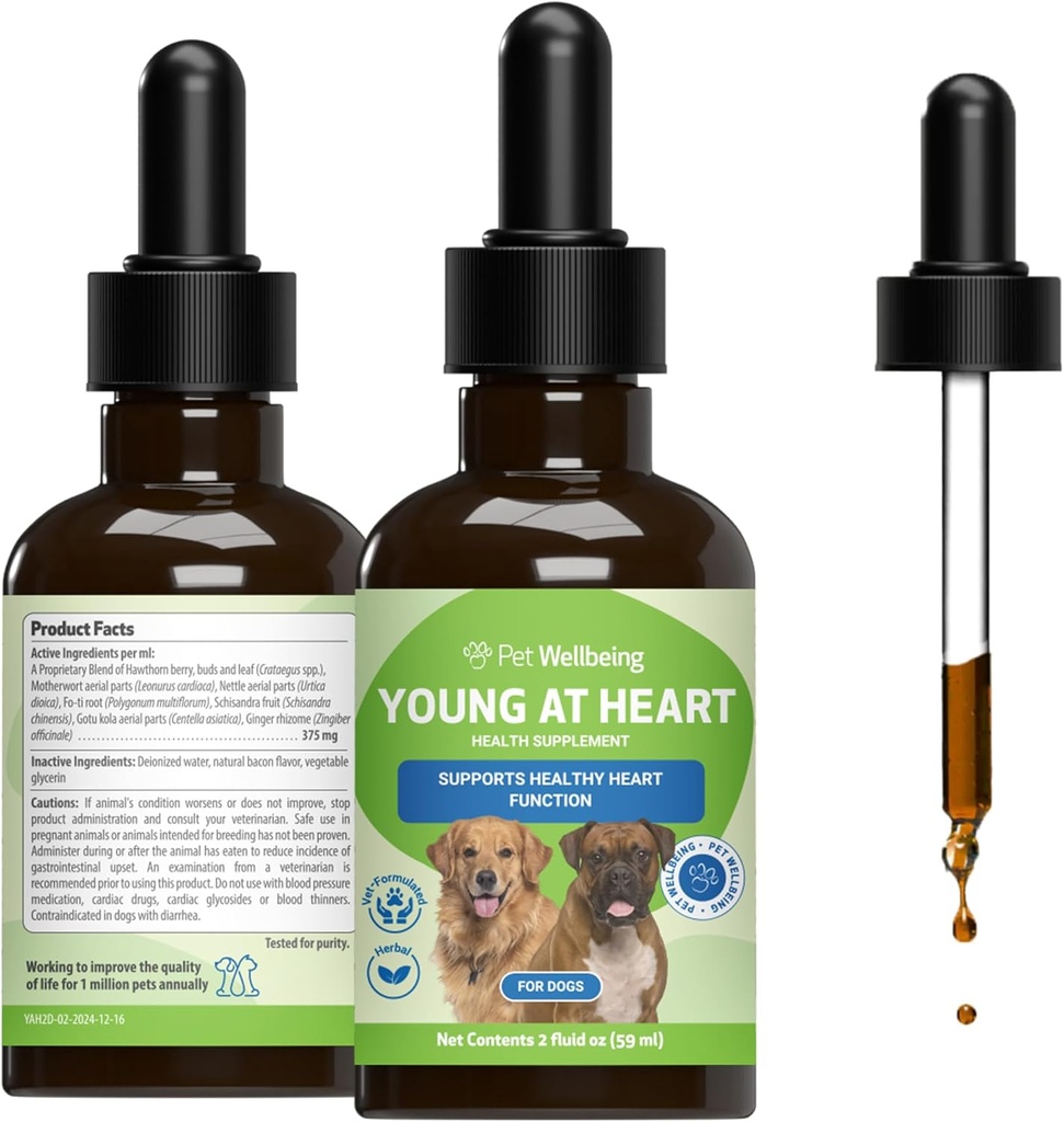 Pet Wellbeing Young at Heart for Dogs - Heart Health, Circulatory & Cardiovaskulær System, Hawthorn, Motherwort, Schisandra - Veterinarian- Formuleret Herbal Supplement 2 fl oz (59 ml)