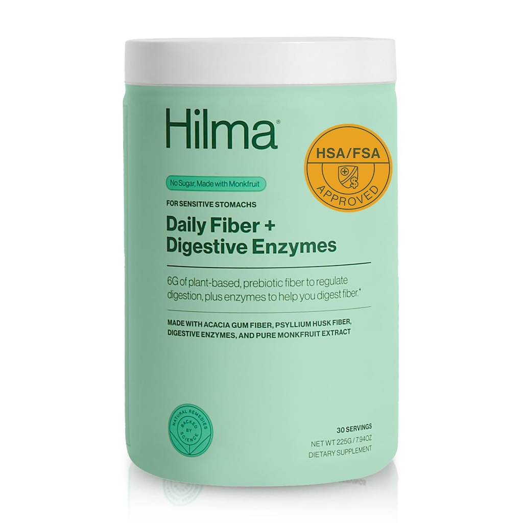 Hilma Daily Fiber og fordøjelsesenzymer, Fiber Supplement Pulver med Prebiotika og enzymer Formuleret med Psyllium Husk og Acacia, Gluten Free, Vegan, FSA Støtteberettiget, fordøjelsesstøtte, 30 Servere