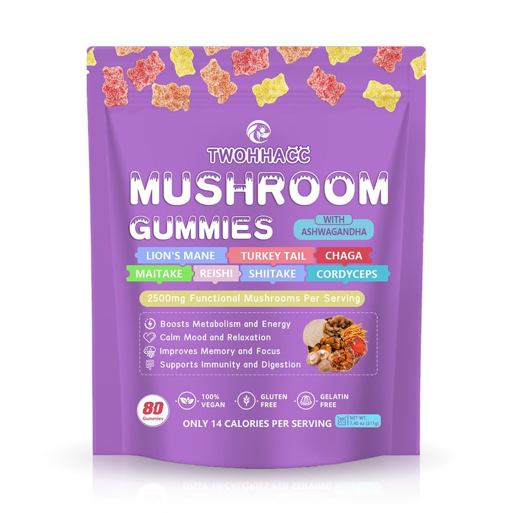 Mushroom Supplement Gummies med Ashwagandha og Lions Mane, Maitake, Tyrkiet Hale, Reishi, Chaga, Shiitake, Cordyceps Nootrop Brain Supplement for fokus, hukommelse, immunforsvar, støtte og stress Relief