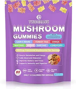 Mushroom Supplement Gummies med Ashwagandha og Lions Mane, Maitake, Tyrkiet Hale, Reishi, Chaga, Shiitake, Cordyceps Nootrop Brain Supplement for fokus, hukommelse, immunforsvar, støtte og stress Relief
