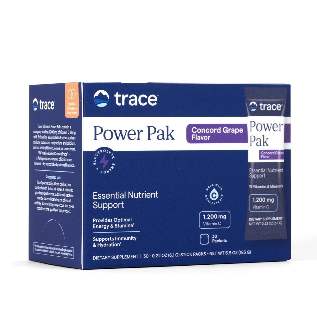 Trace Minerals Power Pak Multivitamin og Multimineral Pakker - Elektrolyte Support - 1200 mg C-vitamin Plus 70 Concord Grape Flavor - 30 Pakker
