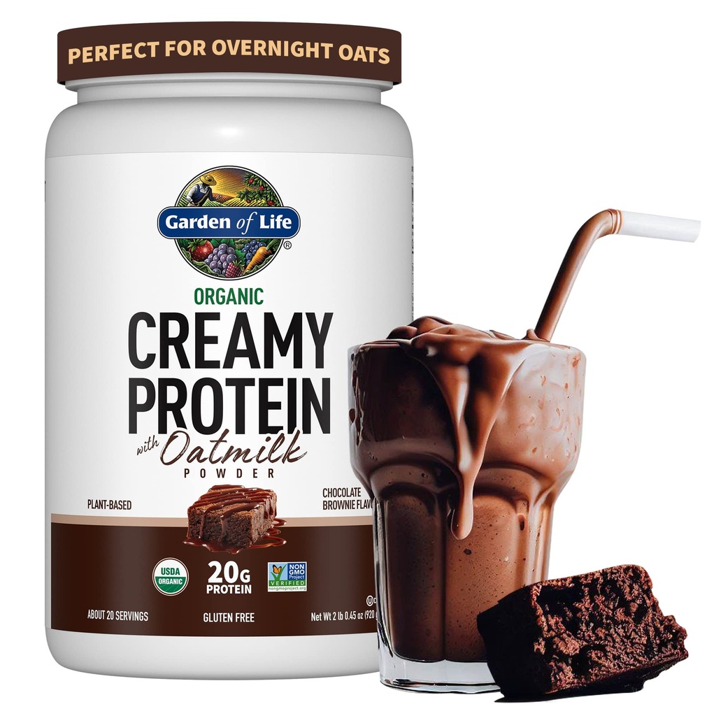 Livets have Creamy Organic Vegan Protein Powder + OatMilk, 20g Complete Plant Based Protein, Coconut Water, MCTs, Sprøjtede Korn, Prebiotika, Probiotika - Gluten- Free, Chocolate Brownie, 2 LBS