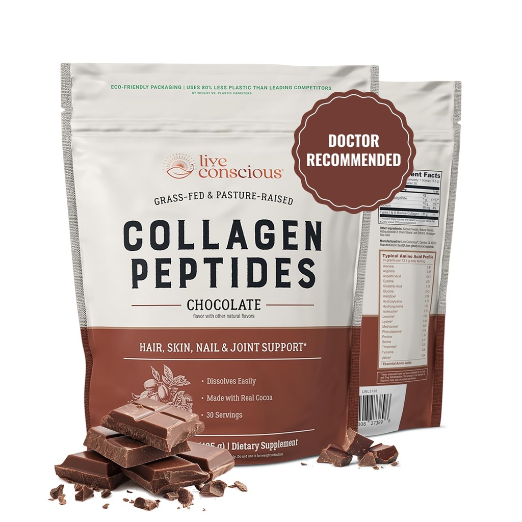 Live Bevidst Collagen Peptider pulver - Chokolade Collagen pulver - hår, hud, søm, og fælles støtte - Type I & III Grass- Fed Collagen Kosttilskud til kvinder og mænd - 30 Servering - 15oz