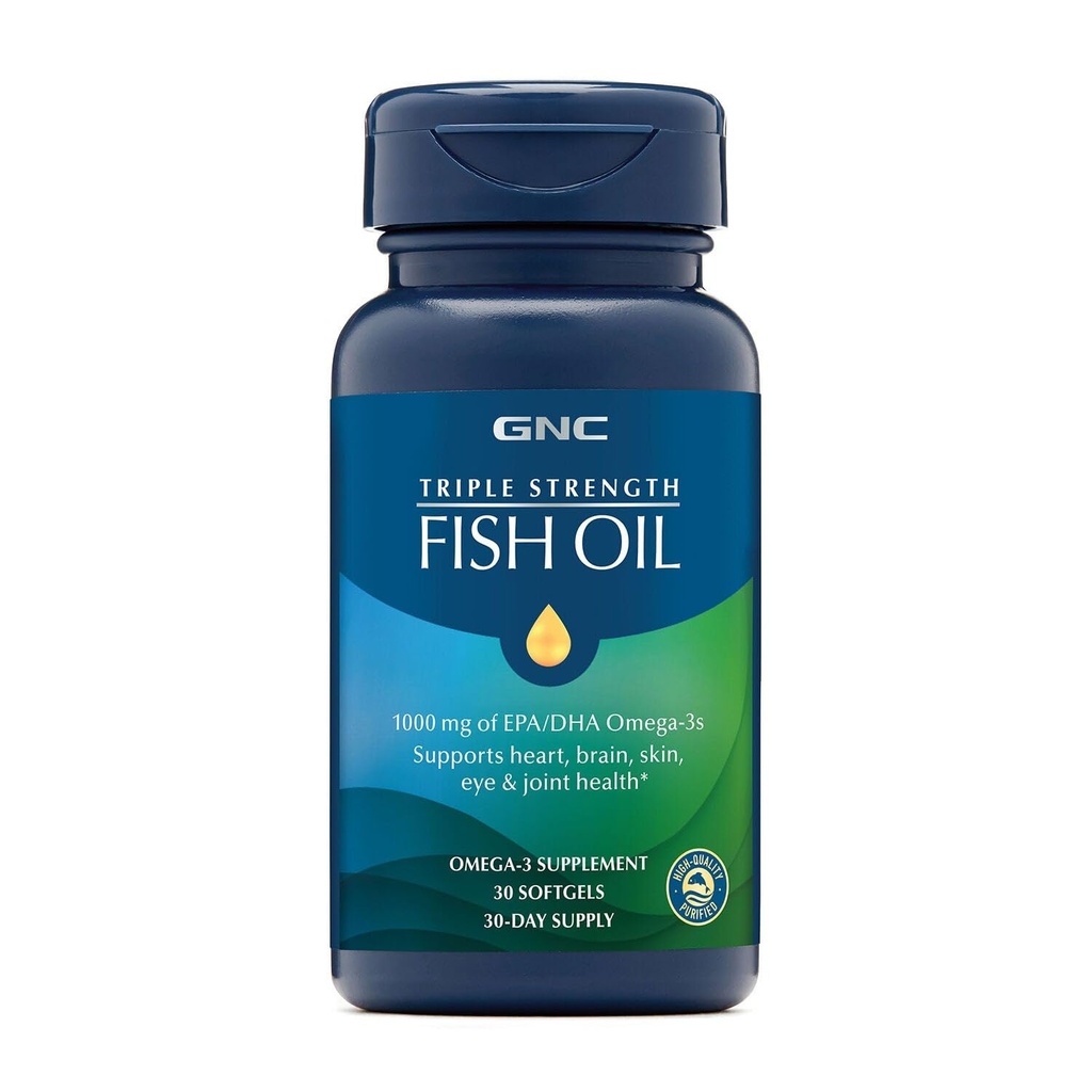 GNC Triple Strength Fish Oil Omega 3 Supplement, 1000mg EPA og DHA, understøtter hjerte, hjerne, hud, øje og fælles sundhed, 30 Softgels