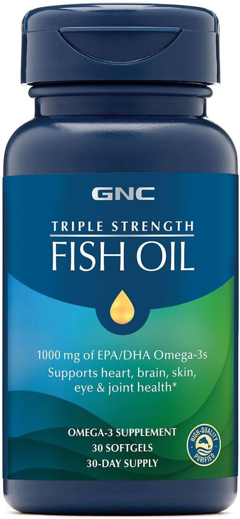 GNC Triple Strength Fish Oil Omega 3 Supplement, 1000mg EPA og DHA, understøtter hjerte, hjerne, hud, øje og fælles sundhed, 30 Softgels