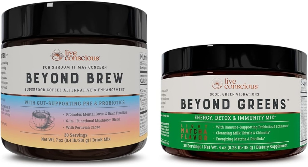 Live Bevidsthed hinsides grønne & hinsides bryg-124; Lækre grønne pulver til bloating + champignon Superfood kaffe alternativ koffein fri
