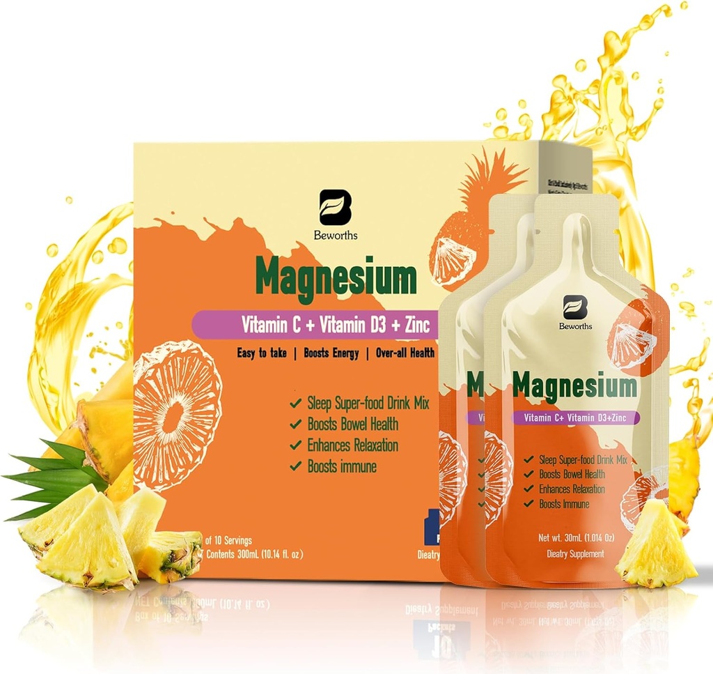 Magnesium Citrate Liquid Supplement, med bromelain, vitamin C, D3, B6, zink, høj absorption Magnesium Citrate Oral opløsning, Magnesium til obstipation, Zzz & Energy, Ananas, 10 Fl Oz