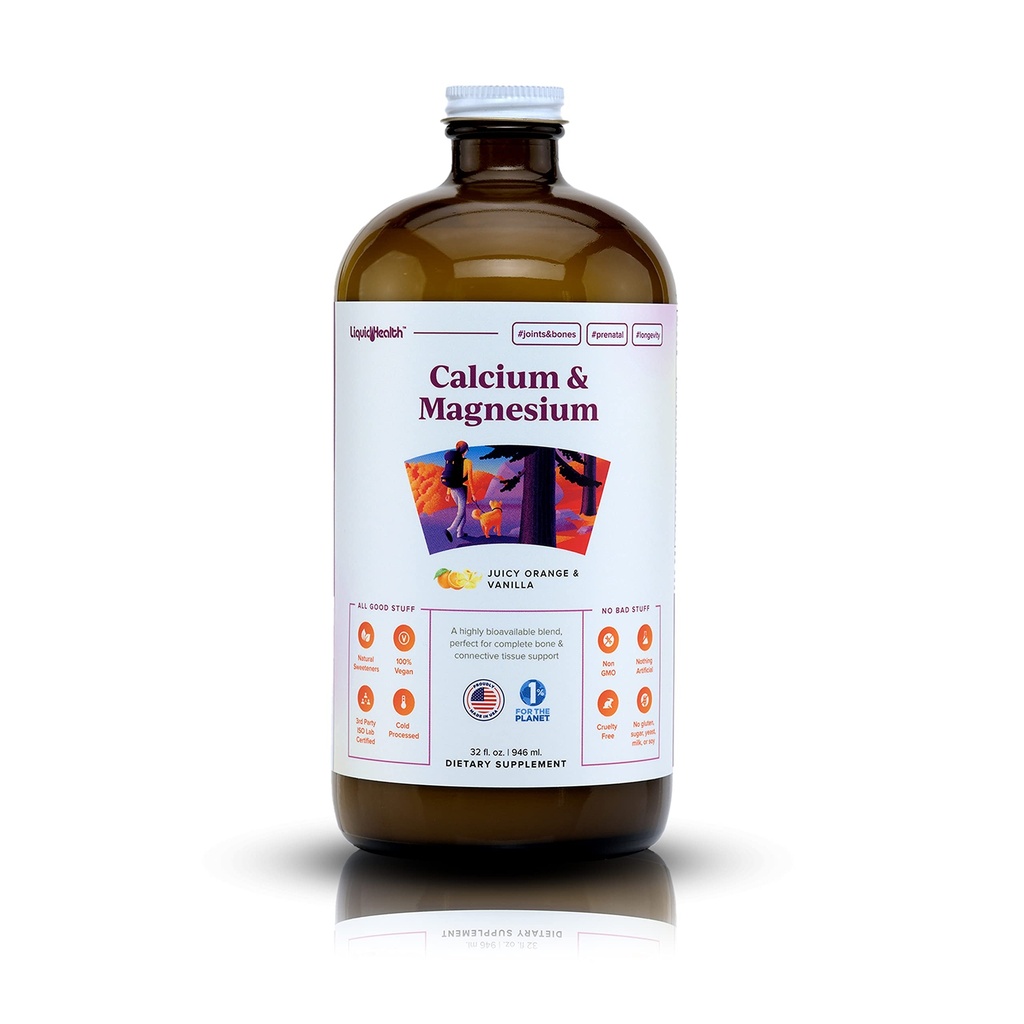 LIQUIDHealth Calcium & Magnesium Voksen Væske Vitamin Supplement - Ben, Fælles, Muskel, Connective Tissue Support, Heart Health, Essential Nutrients - Made in the USA, Vegan, Non GMO, No Sugar (32 oz)