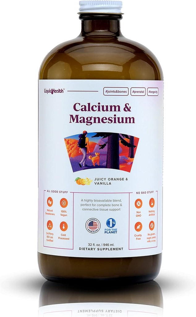 LIQUIDHealth Calcium & Magnesium Voksen Væske Vitamin Supplement - Ben, Fælles, Muskel, Connective Tissue Support, Heart Health, Essential Nutrients - Made in the USA, Vegan, Non GMO, No Sugar (32 oz)