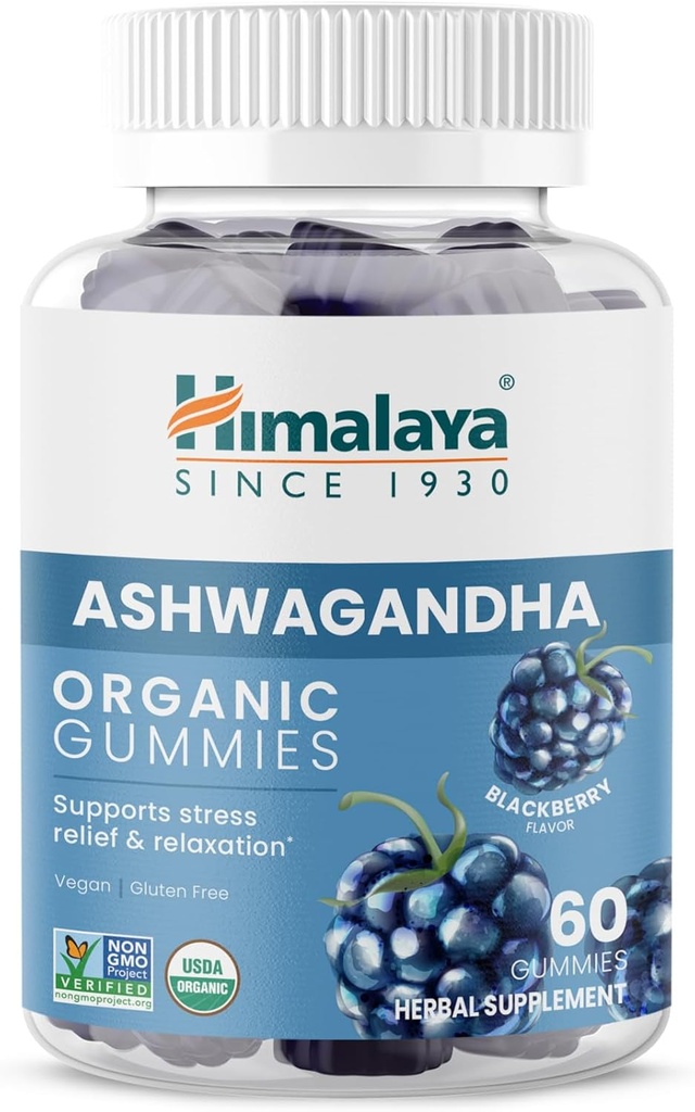 Himalaya Ashwagandha Organic Gummies, KSM- 66 Organic Ashwagandha til at hjælpe med stress relief, energi og afspænding, 60 Gummies med lækker BlackBerry Flavor