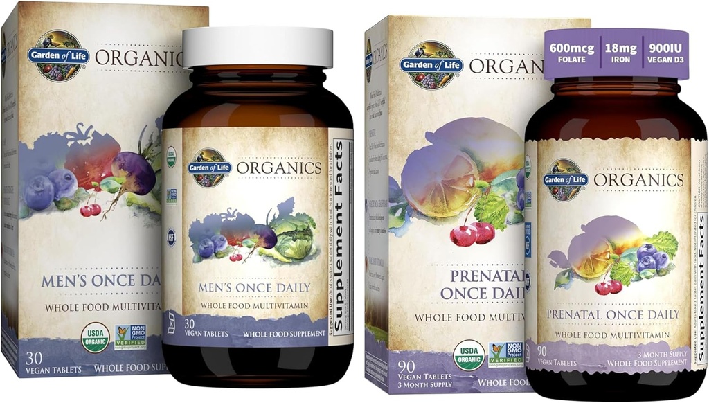 Livets Have Organics Prenatal Vitamin: Folate for Energy & Sund Føtal Development & Organics Multivitamin for Mænd - Mænd En gang dagligt hele fødevarer Vitamin supplement tabletter, Vegan, 30 Greve