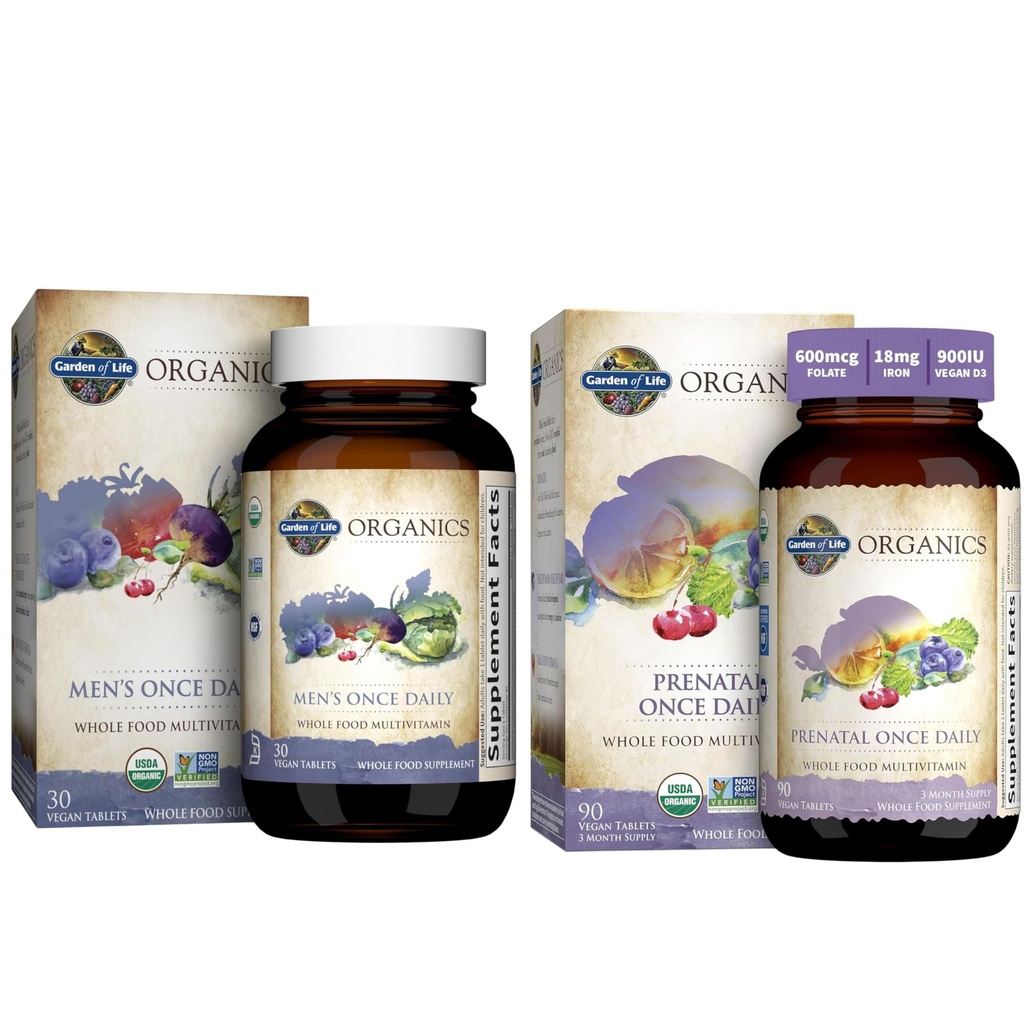 Livets Have Organics Prenatal Vitamin: Folate for Energy & Sund Føtal Development & Organics Multivitamin for Mænd - Mænd En gang dagligt hele fødevarer Vitamin supplement tabletter, Vegan, 30 Greve