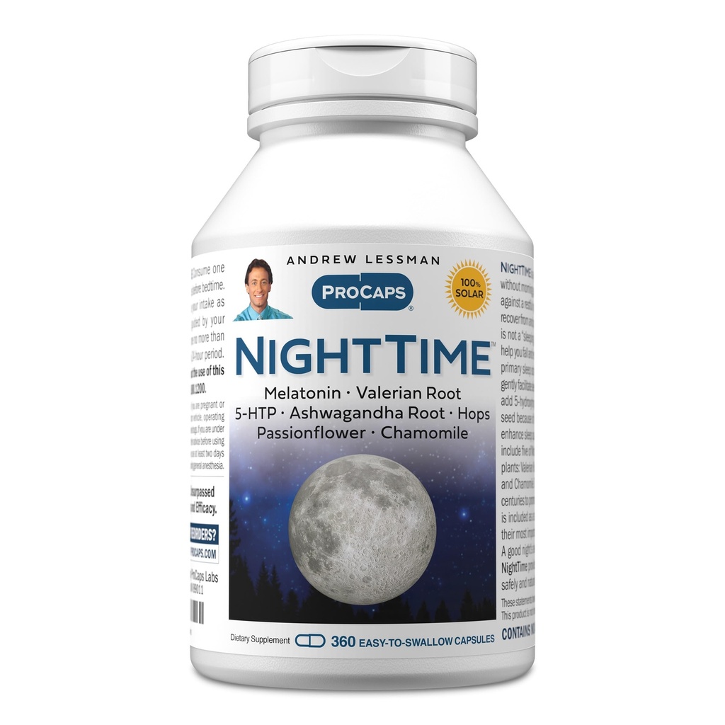 ANDREW LESSMAN Night Time 360 Kapsler - 3 mg Melatonin, Valerian, Ashwagandha, Passionflower, Humle, Kamille. Ingen morgen grogginess. Naturlig støtte, blid rolig søvn. Let at synke kapsler
