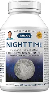 ANDREW LESSMAN Night Time 360 Capsules - 3mg Melatonin, Valerian, Ashwagandha, Passionflower, Hops, Chamomile. No Morning Grogginess. Natural Support, Gentle Restful Sleep. Easy to Swallow Capsules