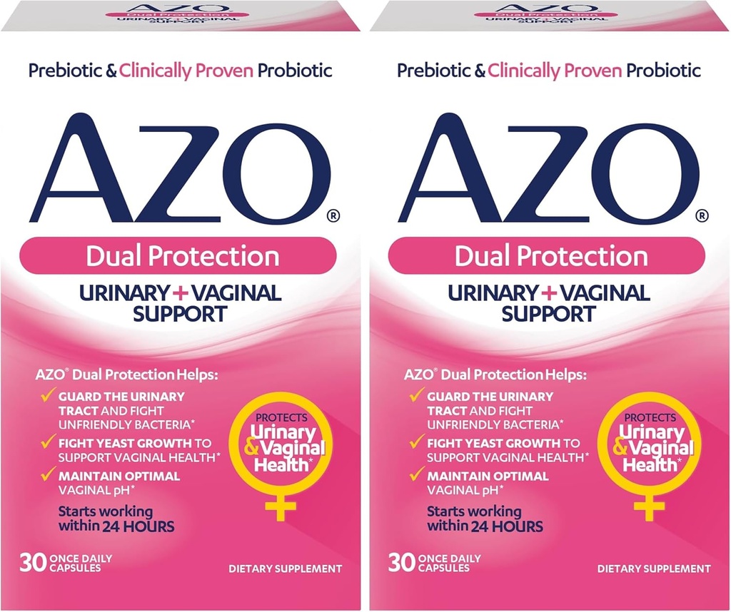 AZO Dual Protection Measures 124; Urinary + Vaginal Support * Measurement 124; Prebiotic Plus Clinical Proven Women 's Probiotic Measurement 124; Starter arbejder inden for 24 Timer Measurement 124; Non- GMO Measurement 124; 30 Greve (pakke med 2)