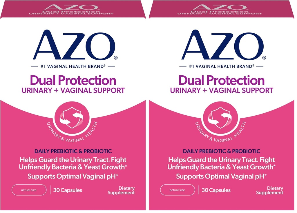 AZO Dual Protection Measures 124; Urinary + Vaginal Support * Measurement 124; Prebiotic Plus Clinical Proven Women 's Probiotic Measurement 124; Starter arbejder inden for 24 Timer Measurement 124; Non- GMO Measurement 124; 30 Greve (pakke med 2)