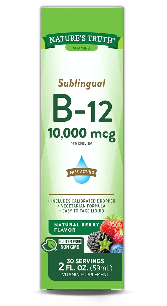 Naturens sandhed Sublingual Vitamin B-12 10.000 Mcg, Hurtig fungerende Væske, Natural Berry Flavor, 2 Fluid Ounce (pakke med 1)
