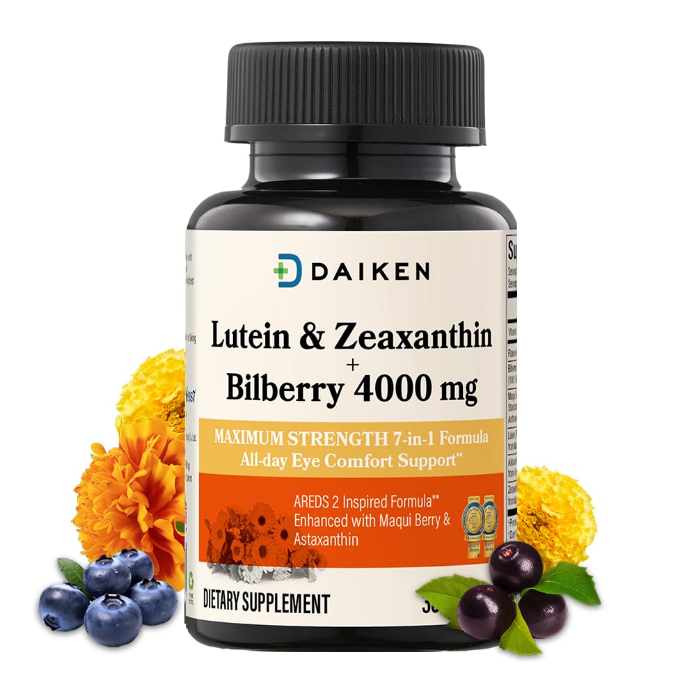 DAIKEN Lutein og Zeaxanthin Kosttilskud, AREDS 2 Inspireret formel med Astaxanthin, Maqui Berry, Bilberry, Flaxseed Oil & Vitamin E, 30 Softgels