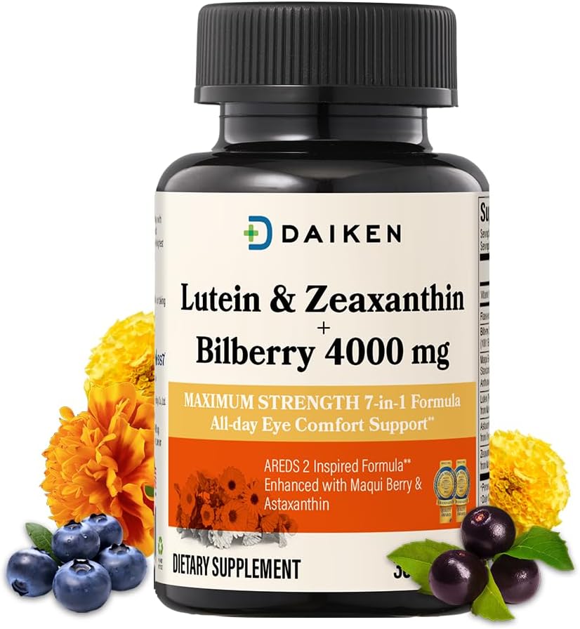 DAIKEN Lutein og Zeaxanthin Kosttilskud, AREDS 2 Inspireret formel med Astaxanthin, Maqui Berry, Bilberry, Flaxseed Oil & Vitamin E, 30 Softgels